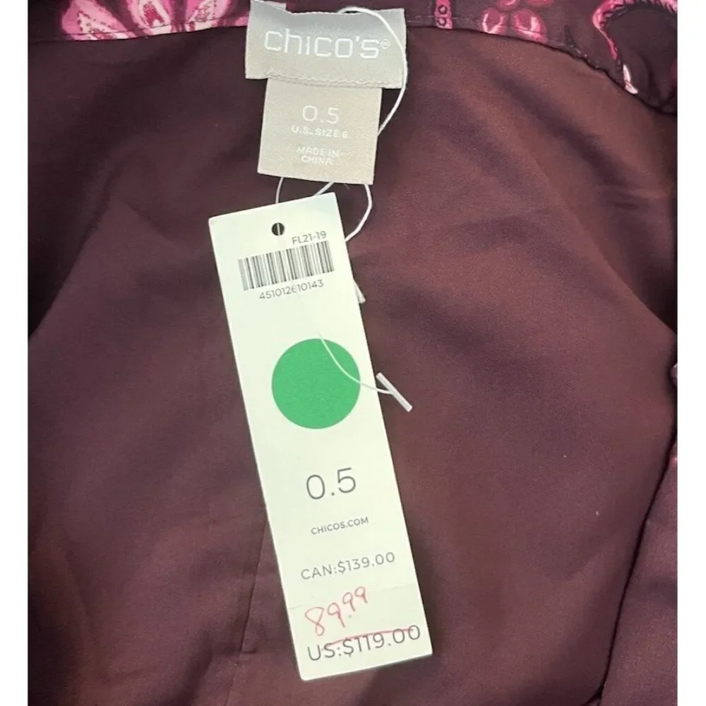 Chicos Design 0.5 or Size 6 Wine Pink Print Pleated Midi Skirt Lined NWT $119